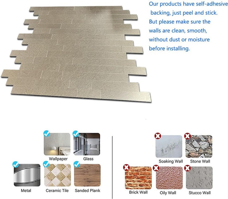 weimeisc 10 Sheets Peel and Stick Backsplash Tile for Kitchen, Self-Adhesive Mosaic Tile, Stick on Bathroom Vanities，Fireplace Décor, Laundry Table (Metal Champagne Wooden Texture) - Image 3